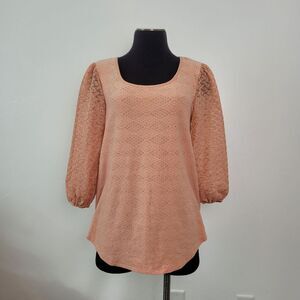 Suzanne Betro Weekend Pink Peasant Blouse Puff Sleeve Eyelet Lace Cottage Small